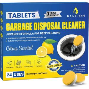 image:imageBastion Garbage Disposal Cleaner and Deodorizer  24Count 1Year Supply Foaming Lemon Scented Kitchen Sink Freshener Pods amp Drain Odor Eliminator Disposer CareTablet
